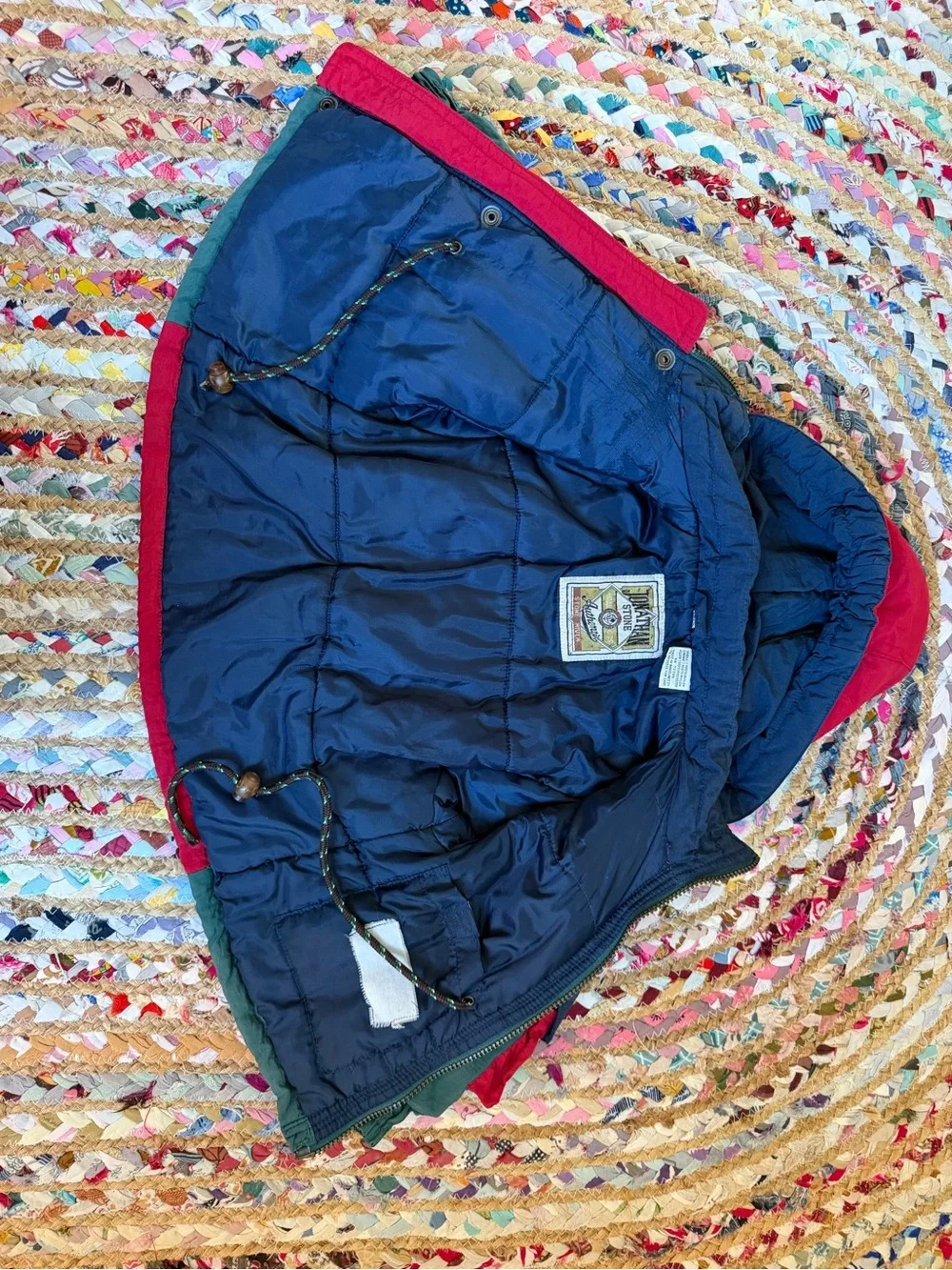 Colorblock Hooded Puffer Jacket for Kids - Green/Navy with Red Accents